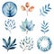 Watercolor Blue Leaf And Flower Motifs: Naturalistic Flora And Fauna Art
