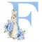 Watercolor blue letter F with Peter Rabbit