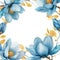 Watercolor blue magnolia design frame. Wedding seasonal flower card
