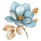 Watercolor blue magnolia floral brunch. Botanical floral illustration with gold leaves