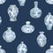 Watercolor blue porcelain Chinese vase seamless pattern, vintage pot texture