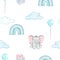 Watercolor blue rainbow and elephant in clouds seamless pattern on white background