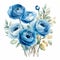 Watercolor Blue Roses Bouquet With White Frame - Monochromatic Floral Art