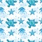 Watercolor blue seamless pattern with sea creatures turtle, starfish, jellyfish on white