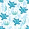 Watercolor blue seamless pattern with sea turtles on white