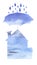 Watercolor blue silhouettes of umbrella protecting house from rain drops above. Hand drawn illustration of protection of