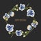 Watercolor blue spotted orchids wreath, hand painted on a dark background