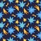 Watercolor blue stars with yellow comets, seamless pattern, banner on dark blue background
