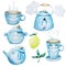 Watercolor blue tea set. Cute tea set with funny characters. Teapot  cups  sugar bowl  canfeta  bagels
