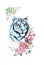 Watercolor blue tiger with flowers. Zodiac sign Virgo.