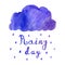 Watercolor blue vintage background and card with cloud and handwritten text Rainy Day