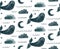 Watercolor blue whale and moon. Cute nautical navy cartoon animal pattern