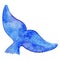 Watercolor blue whale tail animal underwater isolated