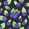 Watercolor blueberry seamless pattern with leaves