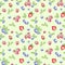 Watercolor blueberry, strawberry and raspberries seamless pattern on green background.