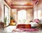 Watercolor of Bohemian bedroom with ed bed and stunning Rendered in