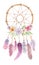 Watercolor Bohemian Dream Catcher Flowers Pink Feathers Beads Leaves Bouquet