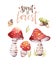 Watercolor bohemian forest mushrooms poster, woodland isolated amanita illustration, fly agaric, boletus, orange-cap