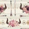 Watercolor boho hand painted seamless pattern with bull horns, ornaments, arrows and flower arrangement