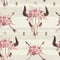 Watercolor boho seamless pattern of arrows, bull skull with horns & floral arrangement on bright background