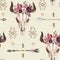 Watercolor boho seamless pattern of arrows, bull skull with horns & floral arrangement on bright background