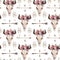 Watercolor boho seamless pattern of arrows, bull skull with horns & floral arrangement on white background