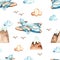 Watercolor boho seamless pattern for boys with airplane, mountains, clouds on white background