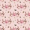 Watercolor boho seamless pattern of feathers, antlers & floral arrangement on bright pink background