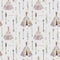 Watercolor boho seamless pattern with teepee, arrows, feathers.