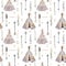 Watercolor boho seamless pattern with teepee, arrows, feathers.