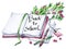 Watercolor book, pen, pencil, floral and text. Calligraphy words Back to School. Vintage education background. Symbol of