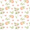 Watercolor botanical illustration. Botany seamless pattern with Peach fruit, pink flowers and leaves. Floral blossom . Perfect for