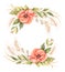 Watercolor botanical illustration. Fresh red poppy blossom. Wreath with Wild flowers, rye and green leaves. Perfect for wedding