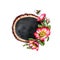 Watercolor botanical illustration, oval wooden slice, black chalkboard decorated with red dog rose flowers, rose hip template