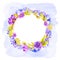 watercolor botanical illustration, round floral frame, purple flowers, blank template, yellow gold leaves, whimsical nature, clip
