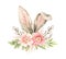 Watercolor botanical illustration. Spring bouquet with Pink dog-rose blossom, willow and bunny ears. Gentle rose, bud, branches,