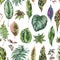 Watercolor botanical tropical leaves seamless pattern, exotic natural floral texture