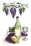 Watercolor bottle glass of wine, grapes and cheese