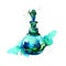 Watercolor bottle of perfume, green glass.