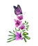 Watercolor bougainvillea branch with butterfly. Purple flowers, violet monarch and palm leaves. Hand painted floral