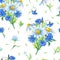 Watercolor bouquet of Camomiles,cornflowers,green leaves.on a white background.Abstract seamless pattern