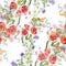 Watercolor bouquet flowers of field. Seamless pattern on a white background.