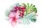 Watercolor Bouquet of flowers and palm leaves, orchid, hibiscus, on an isolated white background, botanical illustration