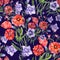 Watercolor bouquet poppy and bell flower. Floral seamless pattern. Violet background.