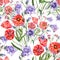 Watercolor bouquet poppy and bell flower. Floral seamless pattern. White background.