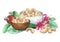 Watercolor bowls of cashew nuts decorated with fruits, flowers and leaves.