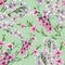 Watercolor branch cherry and peach on a lime green background. Seamless pattern.