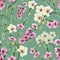 Watercolor branch peach and orchid on a green background. Seamless pattern.