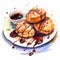 Watercolor Breakfast Dessert Illustration With Maple Syrup And Chocolate Sauce