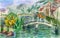 Watercolor bridge over the pond in oriental style with aquatic plants and flowers